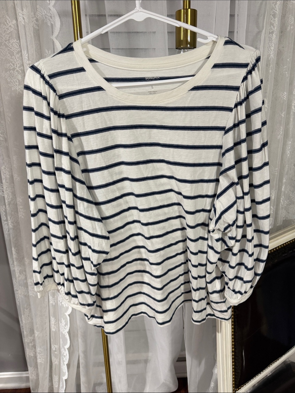 Sonoma White and Navy Striped Long Sleeve Puff Top